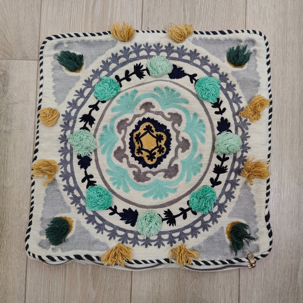 Anthropologie Pillow Cover 18x18 Cream Boho Embroidered Tassels Pom Poms Mandala - Picture 2 of 8